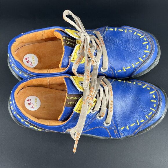 TMA Eyes Time Blue Leather Lace Up Sneakers Women’s 7 Yellow Stitching Shoes - Picture 11 of 16